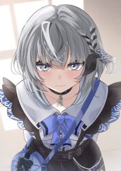 Rule 34 | 1girl, arms behind back, bag, black choker, black skirt, blue bag, blue bow, bob cut, bow, braid, choker, choppy bangs, closed mouth, frilled shirt, frills, furrowed brow, grey eyes, grey hair, hair ribbon, handbag, high-waist skirt, highres, hololive, hololive indonesia, kanamirat, light blush, looking at viewer, pleated skirt, ribbon, ribbon braid, shirt, short hair, side braid, skirt, solo, studded choker, vestia zeta, vestia zeta (jirai kei), virtual youtuber, white shirt