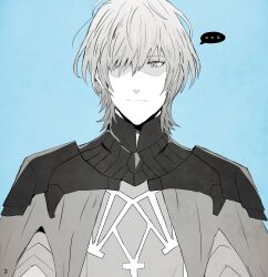 ... 1boy armor blue_background cape closed_mouth commentary_request fire_emblem fire_emblem:_three_houses frown gorget greyscale_with_colored_background hair_over_one_eye highres jupiter_(042073) looking_to_the_side male_byleth_(fire_emblem) male_focus nintendo one_eye_covered partially_shaded_face short_hair sideways_glance solo speech_bubble spoken_ellipsis wolf_cut