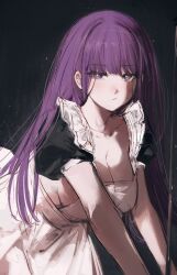 Rule 34 | 1girl, :t, alternate costume, apron, black background, black dress, blunt bangs, breasts, cleavage, collarbone, dress, fern (sousou no frieren), highres, large breasts, long hair, looking at viewer, maid, maid apron, moku (muooku), partially shaded face, purple eyes, purple hair, purple pupils, shadow, short sleeves, sideboob, sidelocks, solo, sousou no frieren, white apron