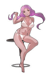 1girl bikini female_focus kubocha long_hair original purple_hair red_eyes sitting solo swimsuit table twintails white_bikini