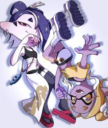 2girls black_bra black_shorts blonde_hair bra breasts cephalopod_eyes chest_sarashi closed_mouth colored_extremities colored_eyelashes commentary_request copyright_name dark-skinned_female dark_skin earrings fangs fingernails frye_(splatoon) frye_(splatoon_raiders) full_body grey_thighhighs hair_bun hair_ornament hair_over_one_eye hair_stick hand_on_own_face highres horizontal_pupils inkling jewelry long_eyelashes long_pointy_ears looking_at_viewer medium_hair midriff miniskirt multiple_girls navel nintendo octoling off-shoulder_shirt off_shoulder official_alternate_costume official_alternate_hairstyle oka_kabe one_eye_covered open_mouth parted_bangs pointy_ears purple_hair red_eyes red_shoes sandals sarashi sharp_fingernails shirt shiver_(splatoon) shiver_(splatoon_raiders) shoes short_sleeves shorts shorts_under_skirt single_hair_bun skirt small_breasts smile socks splatoon_(series) splatoon_raiders thighhighs toeless_socks torn_clothes torn_skirt underwear white_background white_sandals white_skirt white_socks yellow_shirt
