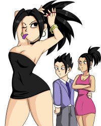 1boy 2girls alternate_costume angry armpits arms_up artist_request bare_arms bare_legs bare_shoulders black_dress black_eyes black_hair bracelet breasts cabba caulifla cleavage collarbone cosplay crossed_arms dragon_ball dragon_ball_super dress earrings hand_on_another&#039;s_hip hetero high_ponytail highres hoop_earrings jealous jewelry kale_(dragon_ball) large_breasts long_hair medium_breasts multiple_girls neck pink_dress ponytail scrunchie short_dress short_hair simple_background standing strapless strapless_dress surprised thick_thighs thighs tube_dress tying_hair white_background