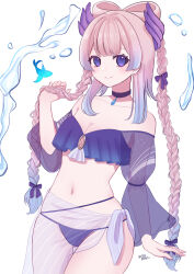 1girl bikini black_choker blunt_bangs blush bow-shaped_hair braid breasts choker cleavage closed_mouth collarbone genshin_impact highres horns long_hair looking_at_viewer medium_breasts minacoco3755 navel off-shoulder_bikini off_shoulder pink_hair purple_eyes sangonomiya_kokomi sarong see-through_clothes simple_background smile solo stomach swimsuit twin_braids very_long_hair water white_background