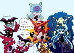 antennae bubble coffee digimon digimon_(creature) english_text floating funbeemon highres impmon jellymon letsseecapri meme microphone nerd_emoji shoutmon tentacle_hair tentacles wings