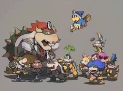 1girl 6+boys ^_^ armband armlet bangle blue_hair blue_headwear blue_robe bow bowser bowser_jr. box bracelet broom broom_riding claws clenched_hands closed_eyes closed_mouth coat commentary dr._bowser dr._bowser_jr. dr._mario_(game) dr._mario_world english_commentary eyelashes fangs fangs_out glasses goomba green_hair grey_background grey_footwear grey_vest hat head_mirror holding holding_box horns iggy_koopa jewelry kamek koopalings lab_coat larry_koopa lemmy_koopa lips long_sleeves looking_at_another looking_to_the_side ludwig_von_koopa mario_(series) multiple_boys necktie nintendo opaque_glasses open_clothes open_coat open_mouth pants pill pink-framed_eyewear pink_bow pink_lips polka_dot polka_dot_bow raised_eyebrows red_eyes red_footwear red_hair red_necktie rinabee_(rinabele0120) robe round_eyewear roy_koopa sharp_teeth shoes simple_background sitting smile spiked_armlet spiked_bracelet spiked_shell spikes standing stethoscope sunglasses sweatdrop teeth thick_lips turtle_shell v-shaped_eyebrows vest wendy_o._koopa white_armband white_coat white_footwear white_pants