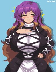 1girl black_dress blonde_hair blue_background blush breasts closed_eyes cowboy_shot dress gradient_hair hand_on_own_chest hand_on_own_hip highres hijiri_byakuren huge_breasts layered_dress long_hair long_sleeves multicolored_hair nail_polish pixel_art purple_hair seireiart shadow smile solo sparkle touhou twitter_username very_long_hair white_dress