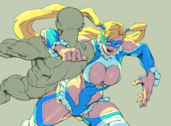 1boy 1girl bingoman blonde_hair blue_eyes blue_leotard breasts capcom clothing_cutout hair_pulled_back highres large_breasts lariat leotard long_hair mask muscular muscular_female open_mouth rainbow_mika simple_background smile solo street_fighter twintails very_long_hair wrestling wrestling_outfit
