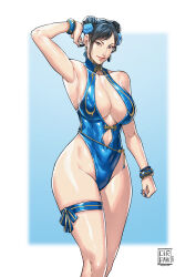 1girl absurdres arm_up armpits bare_shoulders black_hair blue_one-piece_swimsuit breasts capcom chun-li cirenk cleavage closed_mouth clothing_cutout curvy double_bun earrings gold_trim grey_eyes hair_bun highres jewelry large_breasts lips official_alternate_costume one-piece_swimsuit short_hair solo street_fighter street_fighter_6 swimsuit thigh_strap thighs