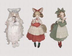 3girls animal animal_ear_fluff animal_ears apron black_bow black_shoes blonde_hair bow braid braided_hair_rings brown_hair cat cat_ears cat_girl cat_slippers cat_tail dress fake_animal_ears full_body green_bow green_dress green_socks hair_bow hair_rings holding holding_animal holding_cat long_dress long_hair long_sleeves mary_janes mask mask_on_head multiple_girls nekosuke_(oxo) original red_dress red_socks shoes short_hair simple_background sleep_mask slippers socks standing tail very_long_hair white_apron white_dress white_slippers