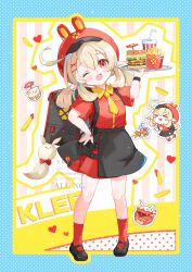 &gt;_&lt; 1girl ;o ahoge alternate_costume black_shoes black_skirt blonde_hair blue_border blush border burger character_name commentary_request cup disposable_cup dodoco_(genshin_impact) drinking_straw food french_fries genshin_impact hair_between_eyes hand_on_own_hip hand_up hat head_tilt highres holding holding_tray jumpy_dumpty klee_(genshin_impact) looking_at_viewer necktie newsboy_cap one_eye_closed open_mouth pointy_ears red_eyes red_hat red_shirt red_socks shirt shoes short_sleeves skirt socks solo tray yellow_necktie yutukicom
