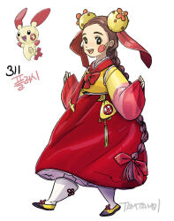 1girl black_eyes blush_stickers bow bright_pupils brown_hair chinese_clothes commentary double_bun full_body gen_3_pokemon hair_bun hair_ribbon long_braid long_hair long_sleeves looking_at_viewer nintendo open_mouth personification plusle pokemon red_bow red_ribbon red_skirt ribbon shirt simple_background skirt tamtamdi translated very_long_hair white_background white_footwear white_pupils yellow_shirt