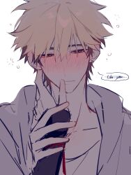 Rule 34 | 2boys, alternate costume, black hair, black shirt, blonde hair, blush, bracelet, chinese commentary, collarbone, drunk, ear piercing, earrings, hair between eyes, hand on another&#039;s face, hand on another&#039;s neck, highres, holding another&#039;s wrist, hood, hood down, hooded jacket, huachajiangqwq, jacket, jewelry, male focus, multicolored hair, multiple boys, orange eyes, out of frame, parted lips, piercing, pov, pov hands, shiguang dailiren, shirt, short hair, simple background, sleeves past wrists, solo focus, speech bubble, squeans, two-tone hair, upper body, white background, white jacket, white shirt, xia fei, xiao weiying, yaoi
