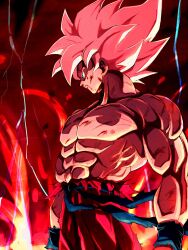 Rule 34 | 1boy, battle damage, blonde hair, blood, blood from mouth, cowboy shot, dragon ball, dragonball z, from side, green eyes, highres, lava, male focus, medium hair, muscular, muscular male, orange pants, pants, pato007711, profile, solo, son goku, spiked hair, super saiyan, super saiyan 1, thunder, topless male