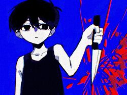 Rule 34 | 1boy, antenna hair, black eyes, black hair, black tank top, blue background, closed mouth, colored skin, double-parted bangs, highres, holding, holding knife, knife, looking at viewer, male focus, omori, omori (omori), short hair, simple background, solo, tank top, tokkooyaku, upper body, white skin