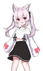 1girl :3 :d absurdres animal_ear_fluff animal_ears black_bow black_ribbon black_skirt blush bow cat_ears cat_girl crop_top cropped_legs fang hair_between_eyes hair_bow highres karin_(vrchat) long_hair long_sleeves looking_at_viewer midriff open_mouth pink_hair pleated_skirt red_eyes ribbon seika_(eevz2274) shirt sidelocks simple_background skirt sleeves_past_fingers sleeves_past_wrists smile solo standing sweater transparent_background twintails vrchat white_background white_shirt