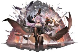 1girl ahoge arm_up artist_request azur_lane bird black_choker black_dress black_gloves black_thighhighs blush boots breasts broken_window cannon chimera choker cleavage coat dress dual_wielding explosion firing full_body glasses gloves grenville_(azur_lane) grenville_(meta)_(azur_lane) griffin gun hair_between_eyes hair_ornament highres holding holding_gun holding_weapon indoors large_breasts long_hair long_sleeves looking_at_viewer machinery multicolored_hair non-web_source official_art on_one_knee parted_lips purple_hair red_eyes rigging smile smoke solo streaked_hair thighhighs thighs tongue tongue_out torpedo_tubes underwear very_long_hair weapon wings