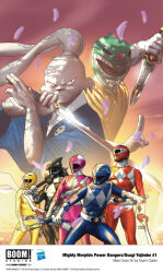 2girls 5boys arm_guards armor artist_name black_bodysuit black_helmet blue_bodysuit blue_helmet bodysuit boom!_studios closed_mouth comic_cover company_name copyright_name copyright_notice crossover dino_buckler dragon_ranger dual_wielding english_text falling_petals furry furry_male gloves gold_armor green_bodysuit green_helmet helmet holding holding_sword holding_weapon idw_publishing jason_lee_scott katana kimberly_ann_hart logo looking_at_viewer looking_to_the_side mammoth_ranger mighty_morphin_black_ranger mighty_morphin_blue_ranger mighty_morphin_green_ranger mighty_morphin_pink_ranger mighty_morphin_power_rangers mighty_morphin_red_ranger mighty_morphin_yellow_ranger miyamoto_usagi multiple_boys multiple_girls official_art ootachi petals pink_bodysuit pink_helmet power_rangers power_rangers_(boom!_studios) ptera_ranger rabbit_boy red_bodysuit red_helmet samurai serious sword taurin_clarke tiger_ranger tokusatsu tommy_oliver tricera_ranger trini_kwan tyranno_ranger usagi_yojimbo weapon western_comics_(style) william_cranston yellow_bodysuit yellow_helmet zachary_taylor