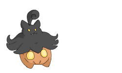 :3 closed_mouth dinodoggie fangs gen_6_pokemon looking_at_viewer nintendo no_humans pokemon pokemon_(creature) pumpkaboo simple_background smile solo standing white_background yellow_eyes