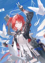 1girl :d ^_^ animal arknights arm_up bird black_gloves black_jacket blue_background chinese_commentary closed_eyes commentary_request cowboy_shot crop_top cropped_jacket day detached_wings dove dress earrings exusiai_(arknights) exusiai_the_new_covenant_(arknights) facing_viewer fingerless_gloves glint gloves grin hair_between_eyes halo happy highres holding_strap igawa_hikaru jacket jewelry lens_flare long_sleeves medium_hair one_side_up open_mouth outdoors red_hair smile solo standing traditional_halo v white_bird white_dress white_halo wings