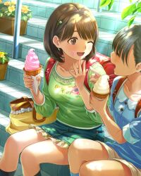 2girls ;d ^_^ aged_down anegasaki_nene aqua_shirt aqua_socks backpack bag bag_bow black_hair black_socks blue_skirt blush breasts brown_eyes brown_hair brown_shorts buttons child closed_eyes collarbone collared_shirt cowboy_shot dappled_sunlight day denim denim_skirt dutch_angle eye_contact feet_out_of_frame floral_print flower flower_pot food food_on_face frilled_skirt frills green_shirt hair_ornament hairpin hand_on_own_chin handbag hands_up happy highres holding holding_food holding_ice_cream_cone ice_cream ice_cream_cone ice_cream_on_face kneehighs light_rays looking_at_another looking_to_the_side love_plus medium_breasts medium_hair mole mole_under_eye multiple_girls official_art one_eye_closed open_hand open_mouth outdoors pigeon-toed plant pointing pointing_at_another potted_plant profile railing randoseru red_bag shade shirt short_sleeves shorts sitting sitting_on_stairs skirt sleeves_rolled_up smile socks soft_serve solo_focus spread_fingers stairs stone_stairs sunbeam sunlight three-quarter_sleeves tree_shade yellow_bag yellow_flower
