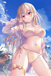 1girl armpits bare_shoulders bikini blonde_hair braid breasts choker cleavage commentary_request cowboy_shot day gluteal_fold hand_up highres jacket large_breasts leg_ribbon long_hair long_sleeves looking_at_viewer maeda_shiori multi-strapped_bikini_bottom navel off_shoulder open_clothes open_jacket original outdoors parted_lips red_eyes ribbon see-through_clothes side-tie_bikini_bottom solo sousouman stomach string_bikini striped_bikini striped_clothes swimsuit thigh_ribbon thighs twinbox_school white_choker white_jacket yellow_bikini