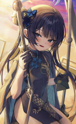 Rule 34 | 1girl, :d, absurdres, backlighting, black dress, black gloves, black hair, blue archive, blunt bangs, blush, breasts, butterfly hair ornament, china dress, chinese clothes, commentary request, cowboy shot, double bun, dragon print, dress, gloves, grey halo, hair bun, hair ornament, half gloves, halo, happy, highres, holding, holding letter, jacket, jacket on shoulders, kisaki (blue archive), letter, long hair, looking at viewer, open mouth, outdoors, rosu 1109, sitting, sleeveless, sleeveless dress, small breasts, smile, sunset, tsurime, twintails