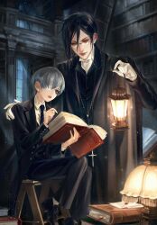 2boys bishounen black_hair black_jacket black_suit blue_eyes blue_hair blue_necktie book buttons ciel_phantomhive collared_shirt commentary cross cross_necklace dark_blue_hair eb016 english_commentary eyepatch formal_clothes gloves highres holding holding_book holding_lantern indoors jacket jewelry kuroshitsuji ladder lantern light_particles male_focus medical_eyepatch multiple_boys necklace necktie parted_lips red_eyes sebastian_michaelis shirt short_hair signature sitting suit tuxedo_shirt twitter_username white_gloves white_shirt wooden_stool