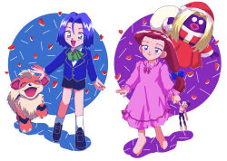 Rule 34 | 1boy, 1girl, absurdres, aged down, barefoot, blue eyes, blue hair, closed eyes, gen 1 pokemon, green eyes, growlithe, happy, highres, james (pokemon), jessie (pokemon), jynx, nightgown, nintendo, pokemon, pokemon (anime), pokemon (classic anime), pokemon (creature), red hair, smile, socks, standing, team rocket, unkoburiri, walking, white socks