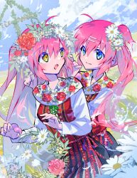 Rule 34 | 2girls, blush, floral print, flower, futaki kanata, hair bobbles, hair flower, hair ornament, highres, key (company), kusarukusa, little busters!, long hair, multiple girls, outdoors, plant, purple hair, siblings, side ponytail, sisters, twins, very long hair, yellow eyes
