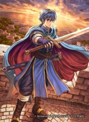 1boy blue_cape blue_eyes blue_hair cape commentary_request company_name fire_emblem fire_emblem:_mystery_of_the_emblem fire_emblem_cipher full_body holding holding_sword holding_weapon izuka_daisuke looking_at_viewer male_focus marth_(fire_emblem) nintendo official_art outdoors red_cape sheath short_hair solo sword tiara two-sided_cape two-sided_fabric unsheathed weapon