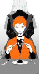 1boy 1girl annoyed apron bitter_choco_decoration_(vocaloid) black_choker black_dress black_undershirt choker closed_mouth cup daiki_amano disappointed dress drinking_glass fork frown grey_apron highres holding holding_fork holding_knife jewelry jumpsuit knife long_sleeves looking_at_food orange_eyes orange_hair orange_jumpsuit prison_clothes ring short_hair short_sleeves simple_background sitting veil white_background white_veil wine_glass yumeto_(grbr_susk)