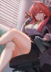1girl absurdres aru_(blue_archive) black_skirt window_blinds blue_archive blunt_bangs breasts chair closed_mouth coat collared_shirt crossed_legs from_below fur-trimmed_coat fur_trim gloves halo highres holding holding_phone horns kunku_(youn4431) large_breasts long_hair miniskirt office_chair orange_eyes panties pantyshot pencil_skirt phone pink_hair shirt sitting skirt smile solo swivel_chair thighs underwear white_gloves white_panties white_shirt window