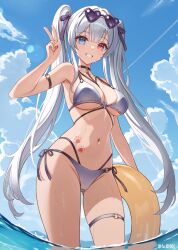 1girl arm_strap armpits bare_shoulders bikini black_choker blue_eyes breasts choker cleavage commentary_request commission contrapposto crotch_seam day eyewear_on_head gluteal_fold grey_bikini grey_hair grin hair_ribbon hand_up heart heart-shaped_eyewear heterochromia highres innertube korean_commentary lens_flare long_hair looking_at_viewer medium_breasts multi-strapped_bikini_bottom multi-strapped_bikini_top navel o-ring o-ring_bottom original outdoors red_eyes ribbon second-party_source senkou_noah side-tie_bikini_bottom smile solo stomach string_bikini sunglasses sunlight swim_ring swimsuit thigh_strap thighs twintails v very_long_hair wading water wet