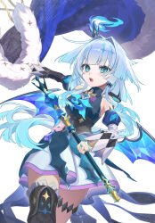 Rule 34 | 1girl, absurdres, armpit crease, bare shoulders, blue cape, blue dress, blue eyes, blue hair, breasts, cape, cerydra (honkai: star rail), commentary, cowboy shot, crown, detached sleeves, dress, fur-trimmed cape, fur trim, highres, holding, holding scepter, honkai: star rail, honkai (series), iga (millmlml), long hair, long sleeves, looking at viewer, mini crown, open mouth, scepter, simple background, solo, white background