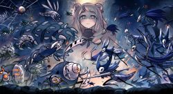 1girl absurdres arm_blade blonde_hair brown_hair bug carver_hatcher_(hollow_knight) character_request corpse_creeper_(hollow_knight) deephunter_(hollow_knight) deepling_(hollow_knight) garpede_(hollow_knight) goam_(hollow_knight) grub_mimic_(hollow_knight) highres holding holding_polearm holding_weapon hollow_knight little_weaver_(hollow_knight) long_hair looking_down mantis_lord_(hollow_knight) mantis_warrior_(hollow_knight) mantis_youth_(hollow_knight) minster_(dooke) nail_(hollow_knight) original polearm spider stalking_devout_(hollow_knight) sword virtual_youtuber war weapon