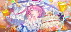 1girl adapted_costume anniversary balloon bare_shoulders blue_kimono blush cake closed_eyes closed_mouth collarbone commentary_request confetti cup drinking_glass drinking_straw facing_viewer flower food food_on_face fork frilled_kimono frilled_sleeves frills fruit game_cg hair_flower hair_ornament hand_on_own_cheek hand_on_own_face happy heart_balloon hitodama holding holding_fork japanese_clothes kimono konpaku_youmu konpaku_youmu_(ghost) long_sleeves medium_hair momomoi_momoi official_art oversized_hat pink_hair saigyouji_yuyuko solo strawberry third-party_source touhou touhou_gensou_eclipse triangular_headpiece