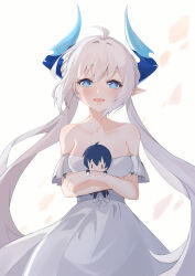 1girl absurdres ahoge bare_shoulders blue_eyes blue_horns character_doll ciel_(elsword) collarbone cowboy_shot cross-shaped_pupils demon_girl demon_horns doll dress elsword highres holding holding_doll horns long_hair looking_at_viewer luciela_r._sourcream open_mouth pointy_ears simple_background solo strapless strapless_dress symbol-shaped_pupils tbsic twintails very_long_hair white_dress white_hair
