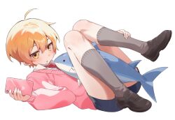 1boy ahoge black_shoes black_shorts blonde_hair cellphone grey_socks highres kneehighs loafers looking_at_viewer male_focus necktie nyaru_(ill_naru) original parted_lips phone pink_sweater red_necktie shirt shoes short_hair short_shorts shorts simple_background smartphone socks solo stuffed_toy sweater white_background white_shirt yellow_eyes zako_(vocaloid)