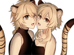 1boy 1girl aether_(genshin_impact) ahoge alternate_costume animal_ears bare_shoulders black_dress black_shirt blonde_hair braid breasts brother_and_sister collarbone diamond-shaped_pupils diamond_(shape) dress fang genshin_impact hair_between_eyes kemonomimi_mode long_hair looking_at_viewer lumine_(genshin_impact) medium_breasts open_mouth rinnolatos shirt short_hair siblings sidelocks simple_background skin_fang sleeveless sleeveless_dress sleeveless_shirt strapless strapless_dress symbol-shaped_pupils tail tiger_ears tiger_tail upper_body white_background yellow_eyes