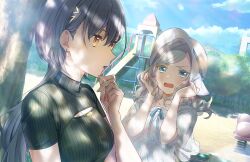 2girls black_sweater blue_eyes blue_ribbon blue_sky blush breasts casual ceras_yanagida_lilienfeld ceras_yanagida_lilienfeld_(summer_casual) cleavage_cutout clothing_cutout cloud collarbone colored_eyelashes dappled_sunlight day dress dress_ribbon dutch_angle earrings edel_note embarrassed game_cg grey_hair hair_between_eyes hair_ornament hair_ribbon hat hat_tug highres jewelry katsuragi_izumi katsuragi_izumi_(summer_casual) link!_like!_love_live! long_hair looking_at_another love_live! medium_breasts multiple_girls necklace non-web_source official_alternate_costume official_art open_mouth orange_eyes outdoors parted_lips peanut_mouth pink_ribbon playground profile ribbon short-sleeved_sweater short_sleeves sky sleeveless sleeveless_dress slit_pupils sunlight sweater triangle_earrings triangle_hair_ornament turtleneck turtleneck_sweater upper_body v-shaped_eyebrows virtual_youtuber wavy_hair white_dress white_hat wolf_cut