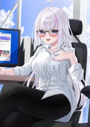 1girl absurdres ahoge black_pants blue_nails blush breast_pocket breasts cloud collared_shirt crossed_legs ember_amane glasses hand_on_own_chest heart heart_necklace highres jewelry long_hair mole mole_under_eye monitor multicolored_hair necklace open_mouth pants phase_connect pink_hair pink_nails pocket purple_eyes second-party_source shirt sitting sky sleeves_rolled_up solo streaked_hair two-tone_nails virtual_youtuber visitofsiki white_hair white_shirt
