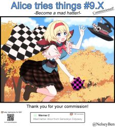 1girl ace_(playing_card) alice_margatroid alternate_costume ankle_boots autumn_leaves black_hat blue_eyes blush bnelsey boots bow bowtie breasts brown_boots brown_corset brown_skirt cape capelet card checkered_cape checkered_clothes cloud commentary commission corset day english_commentary english_text foot_out_of_frame frilled_skirt frills gensokyo_odyssey hairband hat hat_ribbon holding holding_teapot ko-fi_logo large_breasts leaf mad_alice missing_texture_(source) open_mouth outdoors playing_card qr_code red_bow red_bowtie red_hairband red_ribbon request_inset ribbon screenshot_inset short_hair skirt solo teapot top_hat touhou twitter_username unworn_hat unworn_headwear watermark web_address white_capelet