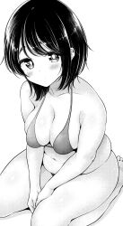 1girl absurdres between_legs bikini black_hair blush breasts character_request cleavage closed_mouth collarbone copyright_request dot_mouth dot_nose greyscale hand_between_legs head_tilt highres hinoharaf_(14310486) large_breasts looking_at_viewer medium_breasts medium_hair monochrome navel plump screentones shadow simple_background sitting solo swimsuit thick_thighs thighs wariza white_background