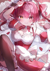1girl absurdres apron black_thighhighs black_wrist_cuffs breasts charlotte11037 cleavage closed_mouth dress hair_ribbon heterochromia highres hololive houshou_marine large_breasts long_hair lying maid maid_apron maid_headdress official_alternate_costume on_back red_dress red_eyes red_hair red_ribbon ribbon smile solo thighhighs twintails virtual_youtuber white_headdress wrist_cuffs yellow_eyes