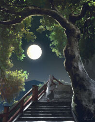 1girl absurdres alternate_hair_length alternate_hairstyle animal_ears black_skirt commentary detached_sleeves english_commentary facing_away full_moon hair_ribbon hat highres inubashiri_momiji long_hair mixed-language_commentary moon night night_sky oubachiago outdoors pom_pom_(clothes) railing red_hat red_ribbon ribbon shirt signature skirt sky solo stairs sword tokin_hat touhou tree weapon white_hair white_shirt white_sleeves wide_shot wolf_ears