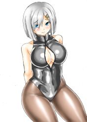 Rule 34 | 1girl, alternate costume, black one-piece swimsuit, black pantyhose, blue eyes, breasts, cleavage, covered navel, front zipper swimsuit, grey hair, hair ornament, hair over one eye, hairclip, hamakaze (kancolle), kantai collection, kudou (ooabareteng), large breasts, looking at viewer, meme attire, one-piece swimsuit, pantyhose, pantyhose under swimsuit, short hair, simple background, sitting, solo, swimsuit, turtleneck, turtleneck one-piece swimsuit, white background