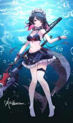 1girl absurdres bangboo_(zenless_zone_zero) black_bra black_hair black_skirt bra breasts choker closed_mouth colored_inner_hair ellen_joe eous_(zenless_zone_zero) fins fish_tail full_body highres holding holding_weapon looking_at_viewer maid_headdress medium_breasts miniskirt mole mole_under_eye multicolored_hair navel neet_(jdud2284) razor_blade_hair_ornament red_eyes shark_girl shark_tail skirt tail thigh_strap underwater underwear weapon zenless_zone_zero