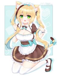 1girl :d animal_ears apron blue_bow blue_hair blush bow breasts brown_dress brown_hair brown_shoes cat_ears cleavage cleavage_cutout clothing_cutout commentary_request dress frilled_apron frills full_body green_eyes hair_between_eyes hair_bow highres kneeling long_hair looking_at_viewer maid maid_headdress medium_breasts multicolored_hair open_mouth original puffy_short_sleeves puffy_sleeves shikito_(yawa0w0) shoes short_sleeves smile solo streaked_hair tail tail_bow tail_ornament thighhighs twintails two-tone_hair very_long_hair watermark white_apron white_thighhighs wrist_cuffs