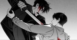 Rule 34 | 2boys, black coat, black hair, blood, blood on face, bloody weapon, closed mouth, coat, curtained hair, demon horns, gradient background, grin, hair between eyes, hand on another&#039;s shoulder, holding, holding sword, holding weapon, horns, impaled, kim dokja, multiple boys, omniscient reader&#039;s viewpoint, open mouth, outstretched arm, partially colored, short hair, smile, stab, sword, tack ka 2 0, upper body, weapon, white coat, yoo joonghyuk