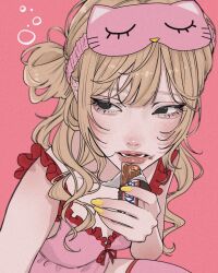 Rule 34 | 1girl, black eyes, blonde hair, breasts, cleavage, eating, eye mask, from above, highres, lingerie, negligee, nightgown, open mouth, original, pajamas, pink background, pink pajamas, sleepy, snickers (brand), tamori (tamori www), thighhighs, underwear, yellow nails